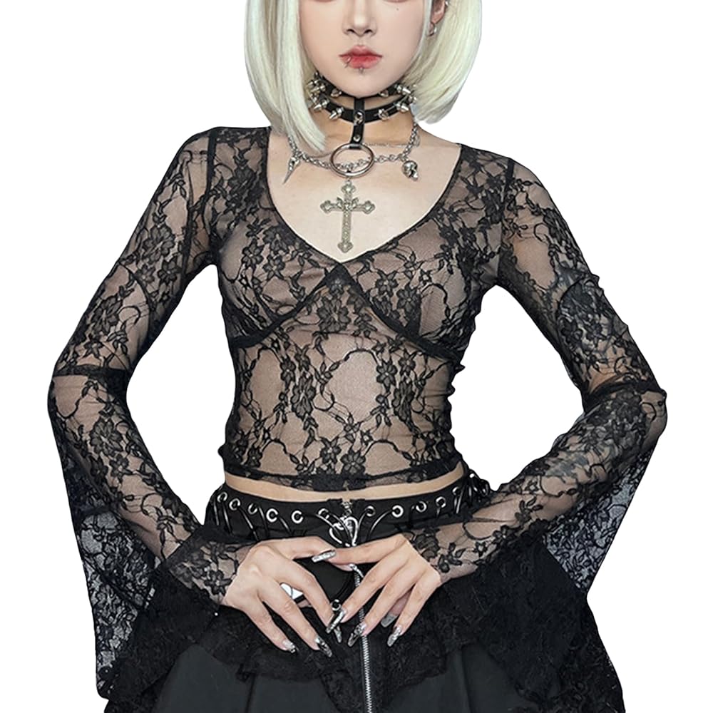 Women Long Sleeve Mesh Top Sheer See Through Deep V Neck